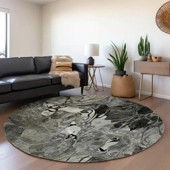 8' Gray And Ivory Floral Washable Round Rug With UV Protection Photo 5