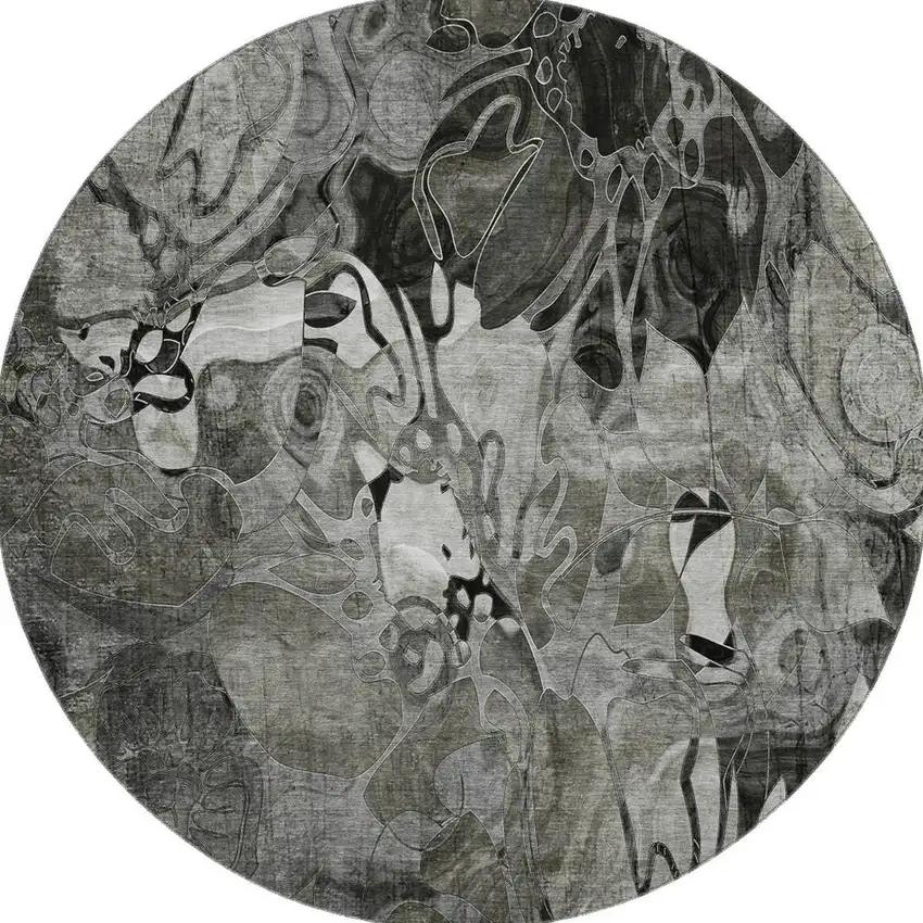 8' Gray And Ivory Abstract Distressed Washable Round Rug With UV Protection Photo 4