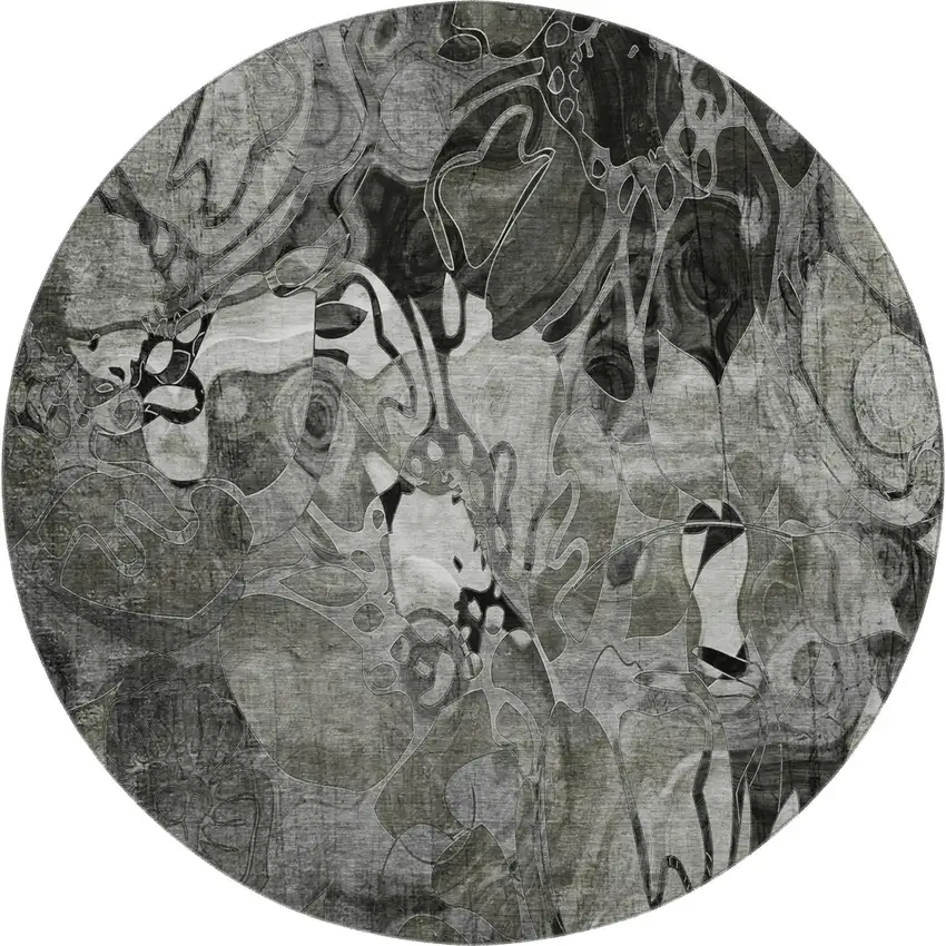 8' Gray And Ivory Abstract Distressed Washable Round Rug With UV Protection Photo 2