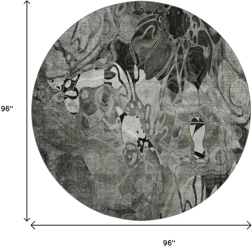 8' Gray And Ivory Abstract Distressed Washable Round Rug With UV Protection Photo 9