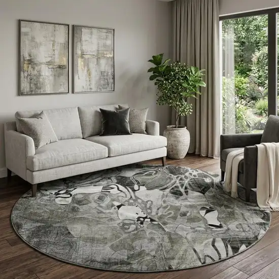 8' Gray And Ivory Abstract Distressed Washable Round Rug With UV Protection Photo 1