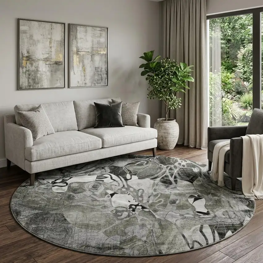 8' Gray And Ivory Abstract Distressed Washable Round Rug With UV Protection Photo 1