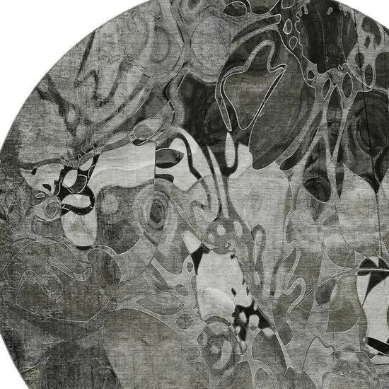 8' Gray And Ivory Floral Washable Round Rug With UV Protection Photo 3