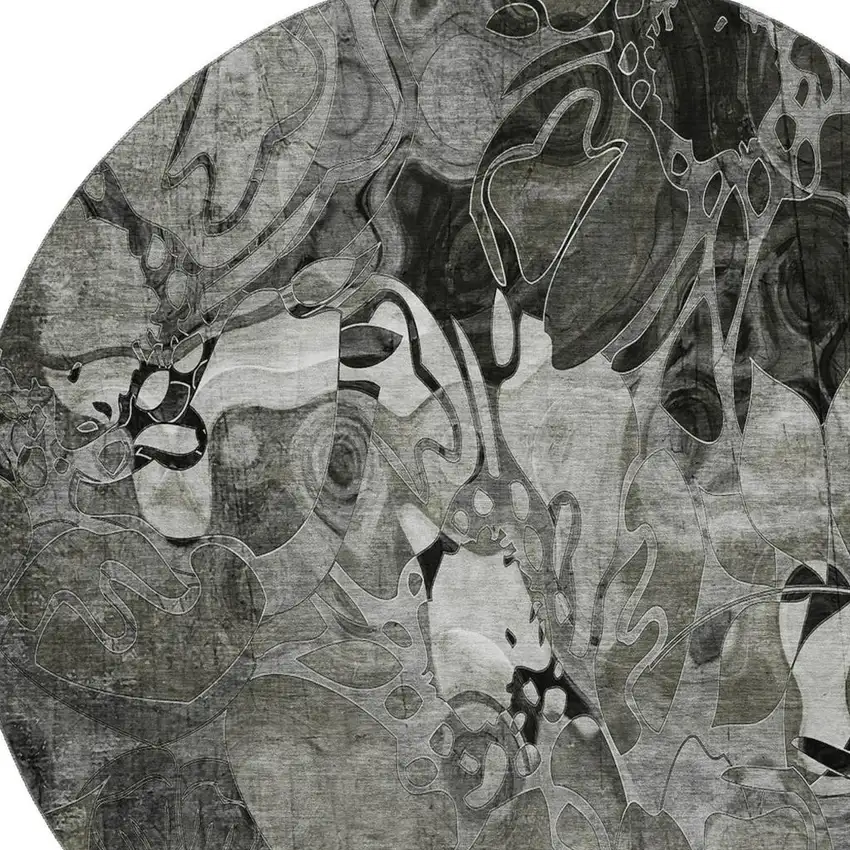 8' Gray And Ivory Floral Washable Round Rug With UV Protection Photo 3