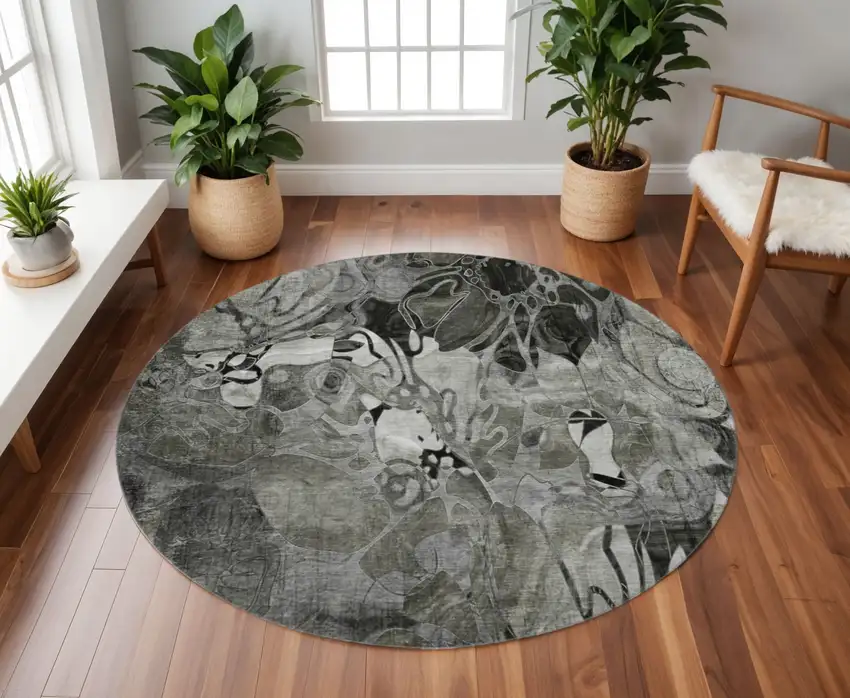 8' Gray And Ivory Floral Washable Round Rug With UV Protection Photo 2