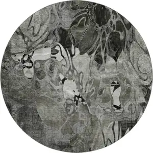 Photo of 8' Gray And Ivory Floral Washable Round Rug With UV Protection