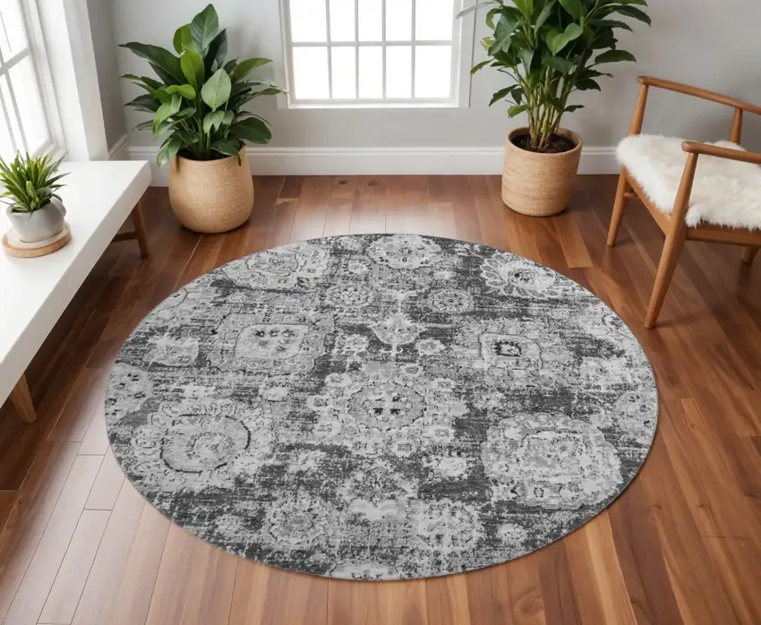 8' Gray And Ivory Floral Washable Round Rug With UV Protection Photo 2