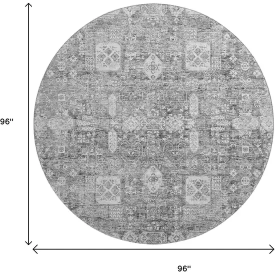 8' Gray And Ivory Floral Washable Round Rug With UV Protection Photo 8