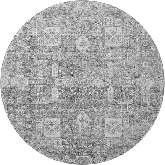 8' Gray And Ivory Floral Washable Round Rug With UV Protection Photo 2