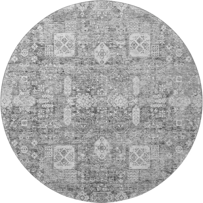 8' Gray And Ivory Floral Washable Round Rug With UV Protection Photo 2