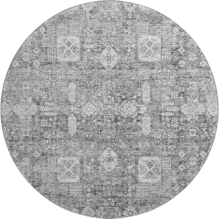 8' Gray And Ivory Floral Washable Round Rug With UV Protection Photo 1