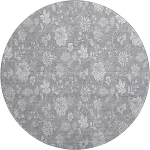 Photo of 8' Gray And Ivory Floral Washable Round Rug With UV Protection