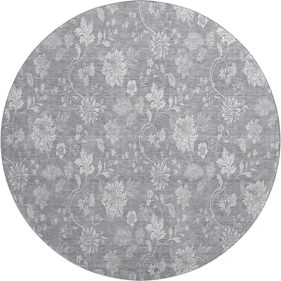 8' Gray And Ivory Floral Washable Round Rug With UV Protection Photo 1