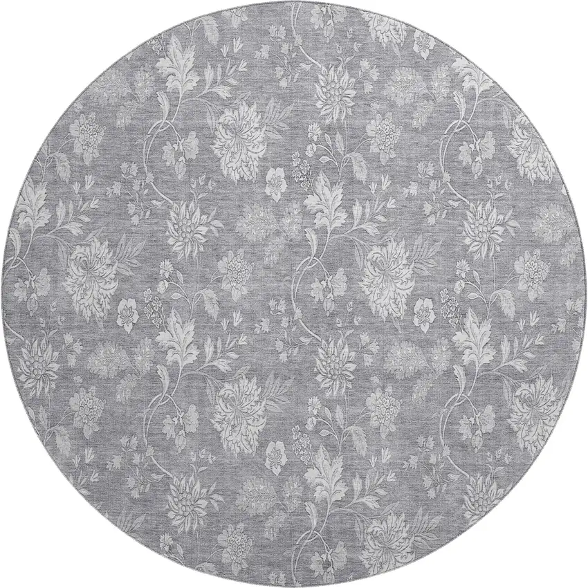 8' Gray And Ivory Floral Washable Round Rug With UV Protection Photo 1