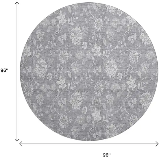 8' Gray And Ivory Floral Washable Round Rug With UV Protection Photo 5