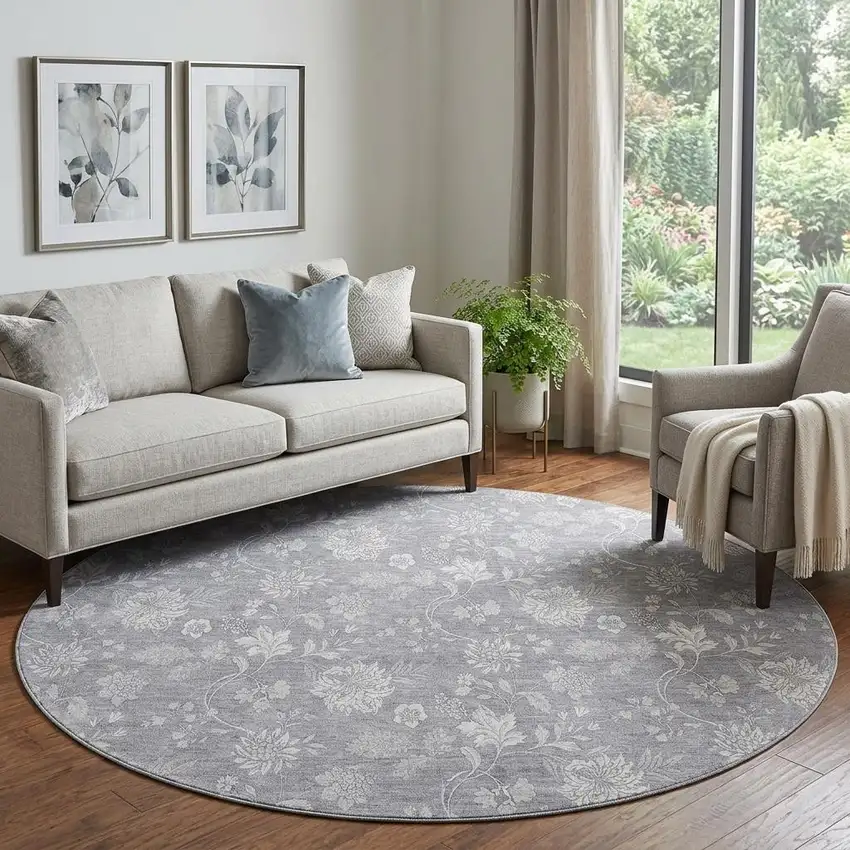 8' Gray And Ivory Floral Washable Round Rug With UV Protection Photo 1