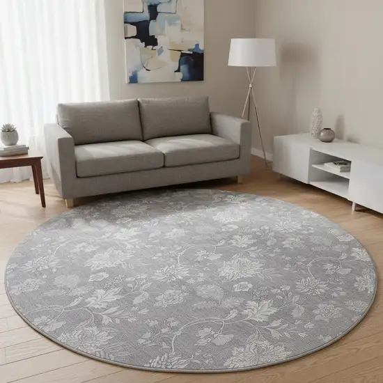 8' Gray And Ivory Floral Washable Round Rug With UV Protection Photo 2