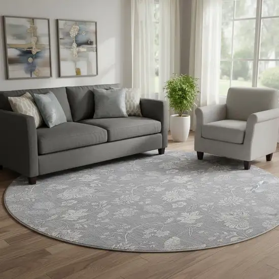 8' Gray And Ivory Floral Washable Round Rug With UV Protection Photo 1
