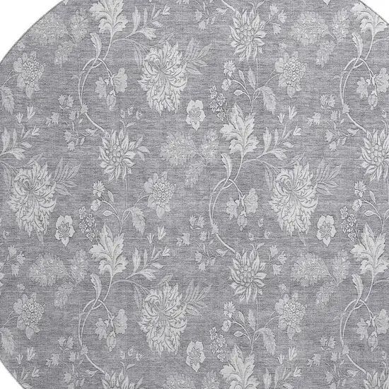 8' Gray And Ivory Floral Washable Round Rug With UV Protection Photo 3