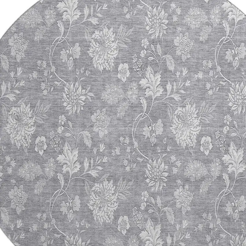 8' Gray And Ivory Floral Washable Round Rug With UV Protection Photo 3