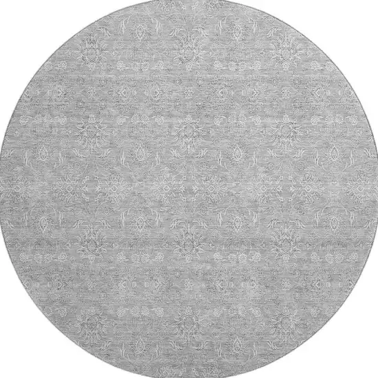 8' Gray And Ivory Floral Washable Round Rug With UV Protection Photo 3