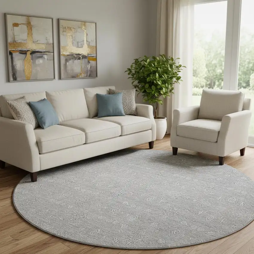 8' Gray And Ivory Floral Washable Round Rug With UV Protection Photo 1