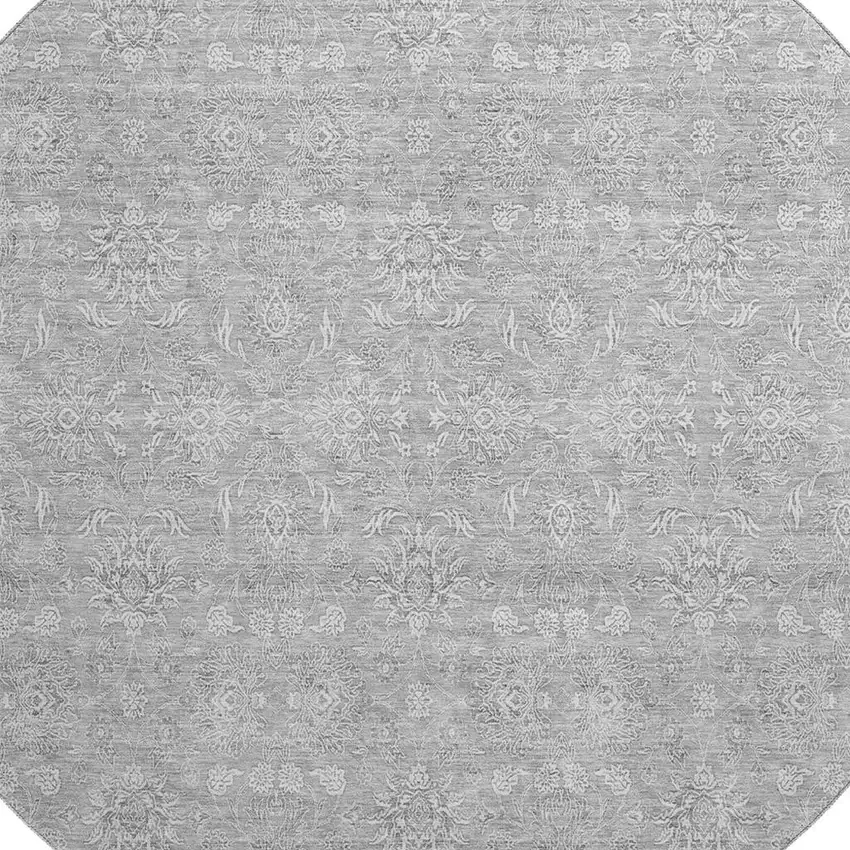 8' Gray And Ivory Floral Washable Round Rug With UV Protection Photo 4