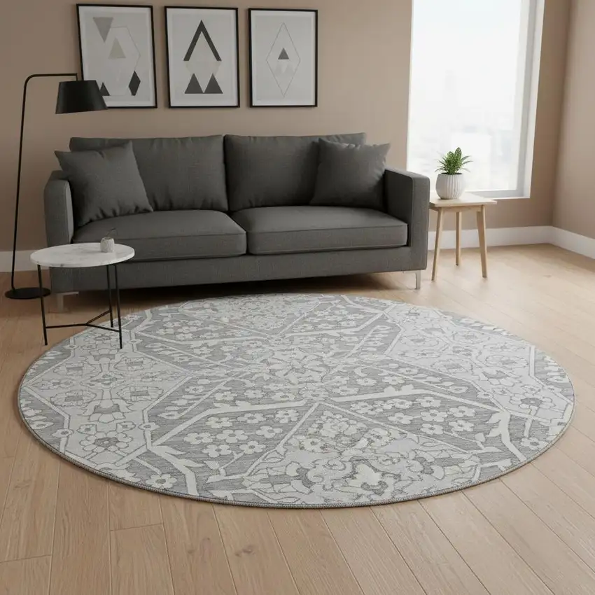8' Gray And Ivory Floral Washable Round Rug With UV Protection Photo 1