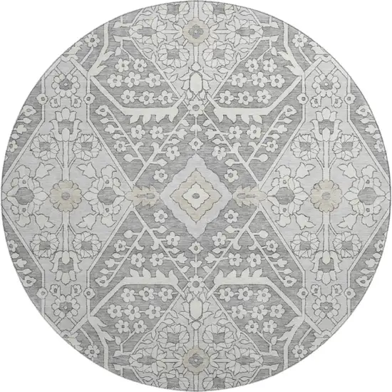 8' Gray And Ivory Floral Washable Round Rug With UV Protection Photo 2