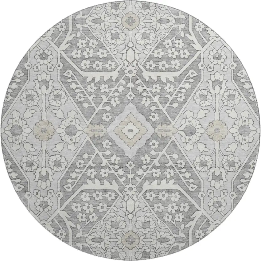 8' Gray And Ivory Floral Washable Round Rug With UV Protection Photo 2