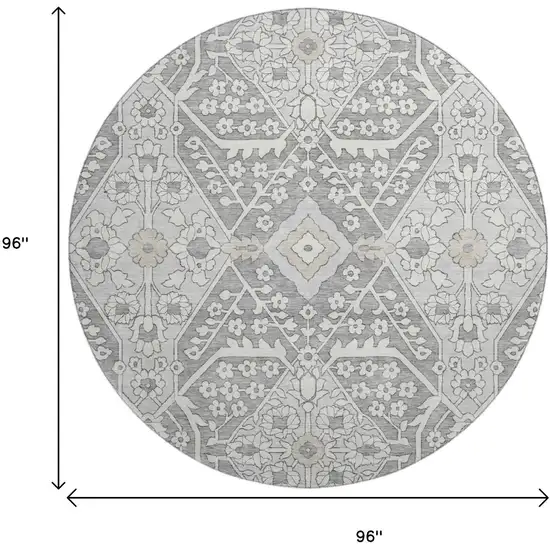 8' Gray And Ivory Floral Washable Round Rug With UV Protection Photo 3