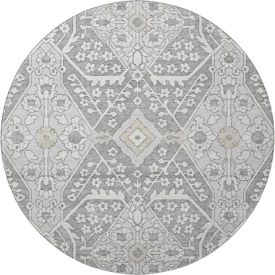 8' Gray And Ivory Floral Washable Round Rug With UV Protection Photo 5