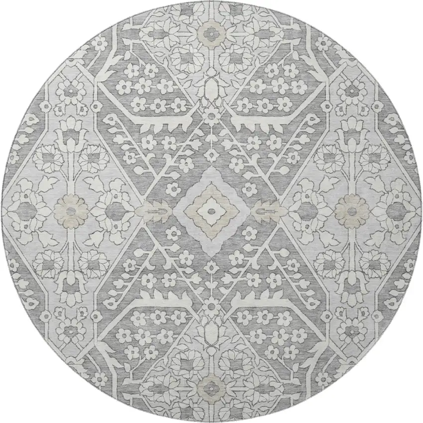 8' Gray And Ivory Floral Washable Round Rug With UV Protection Photo 5