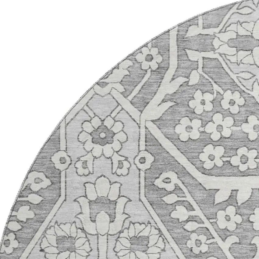8' Gray And Ivory Floral Washable Round Rug With UV Protection Photo 4