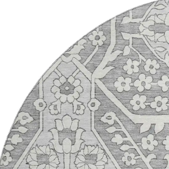 8' Gray And Ivory Floral Washable Round Rug With UV Protection Photo 4