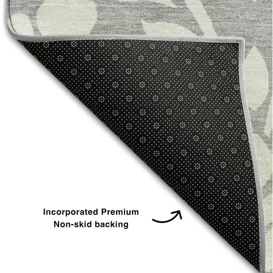 8' Gray And Ivory Floral Washable Round Rug With UV Protection Photo 6