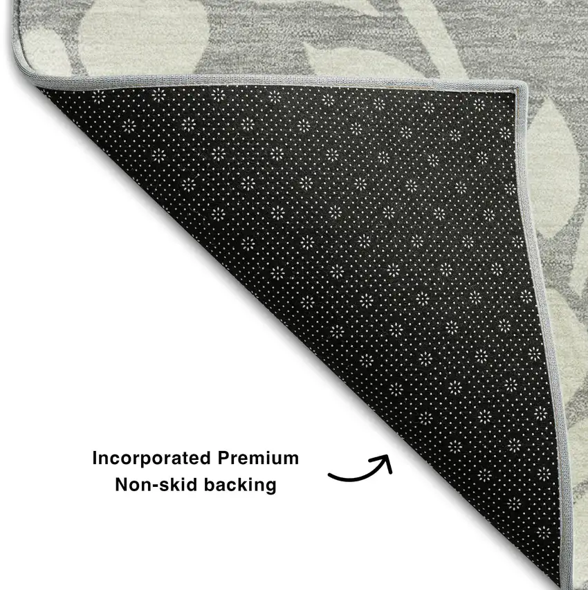 8' Gray And Ivory Floral Washable Round Rug With UV Protection Photo 6