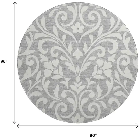 8' Gray And Ivory Floral Washable Round Rug With UV Protection Photo 8