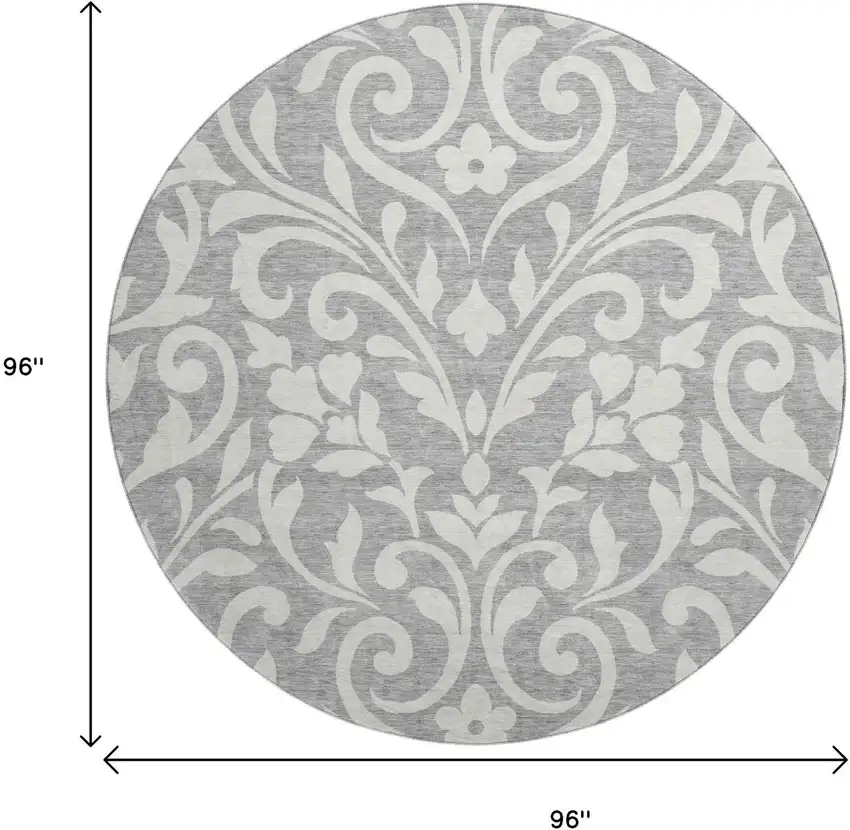 8' Gray And Ivory Floral Washable Round Rug With UV Protection Photo 8