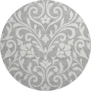 Photo of 8' Gray And Ivory Floral Washable Round Rug With UV Protection