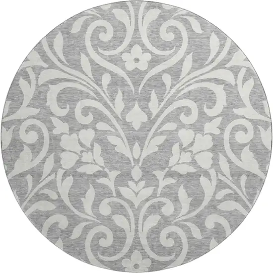 8' Gray And Ivory Floral Washable Round Rug With UV Protection Photo 1