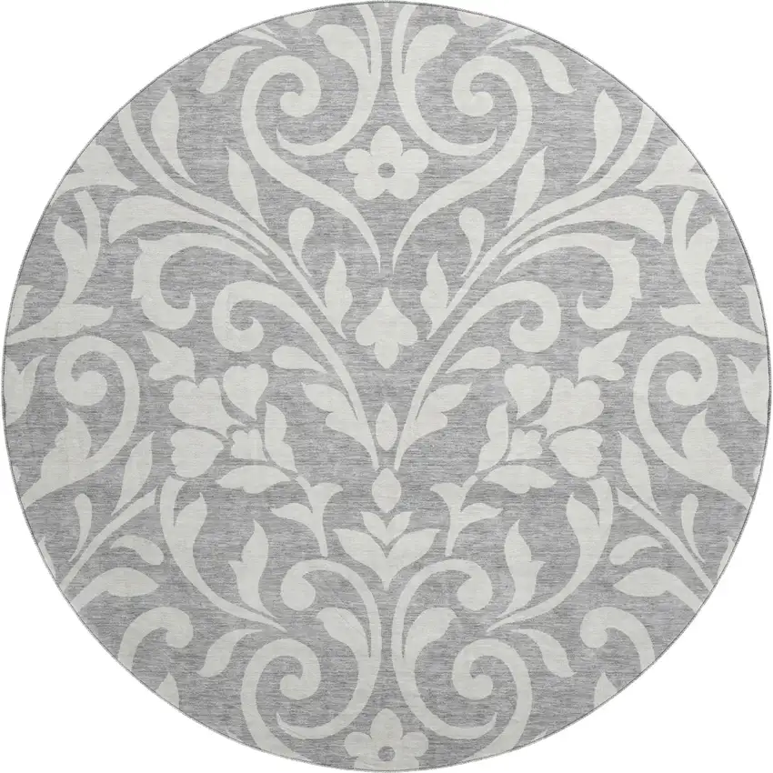 8' Gray And Ivory Floral Washable Round Rug With UV Protection Photo 1
