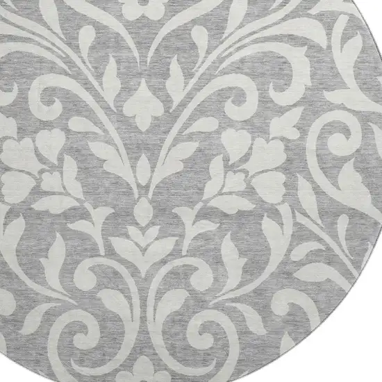 8' Gray And Ivory Floral Washable Round Rug With UV Protection Photo 3