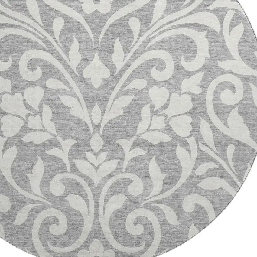 8' Gray And Ivory Floral Washable Round Rug With UV Protection Photo 3