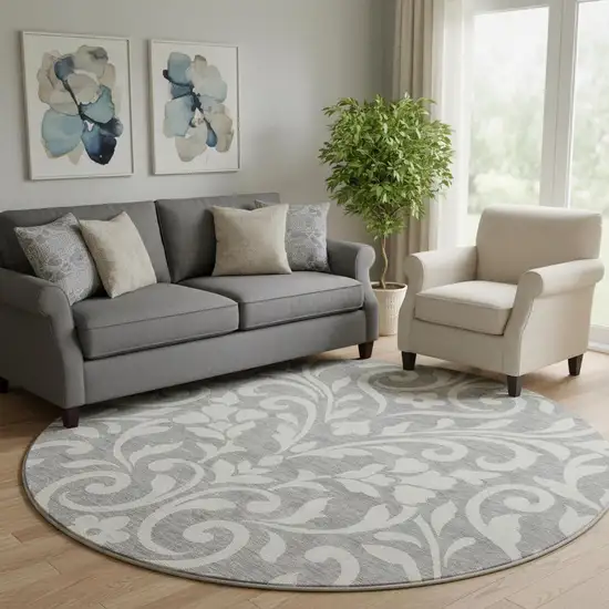 8' Gray And Ivory Floral Washable Round Rug With UV Protection Photo 1