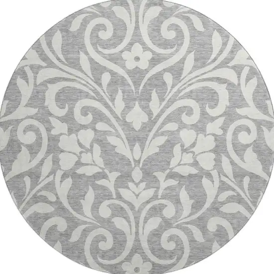 8' Gray And Ivory Floral Washable Round Rug With UV Protection Photo 4