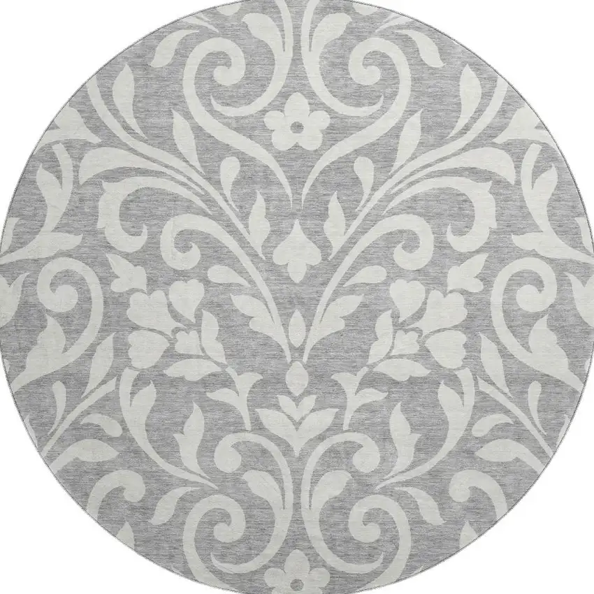 8' Gray And Ivory Floral Washable Round Rug With UV Protection Photo 4