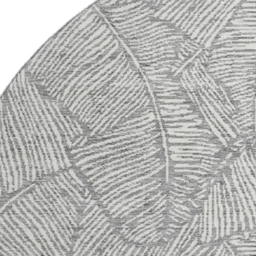 8' Gray And Ivory Floral Washable Round Rug With UV Protection Photo 3