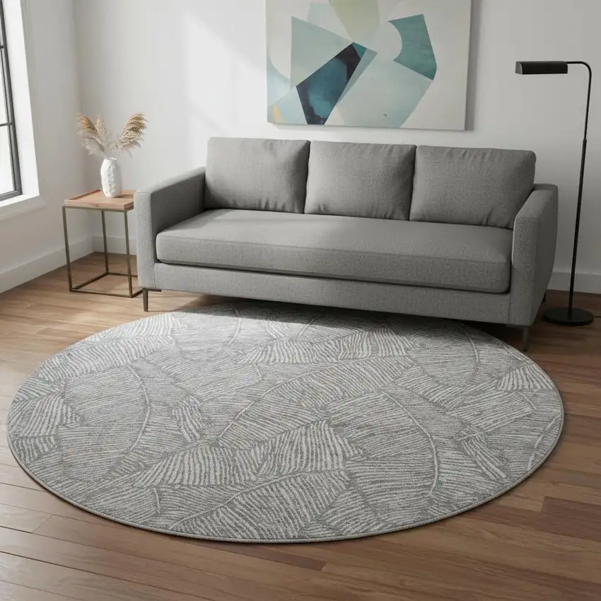 8' Gray And Ivory Floral Washable Round Rug With UV Protection Photo 2