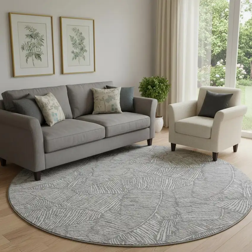 8' Gray And Ivory Floral Washable Round Rug With UV Protection Photo 1